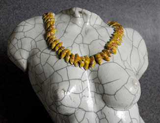 Close up of torso with shell lei
